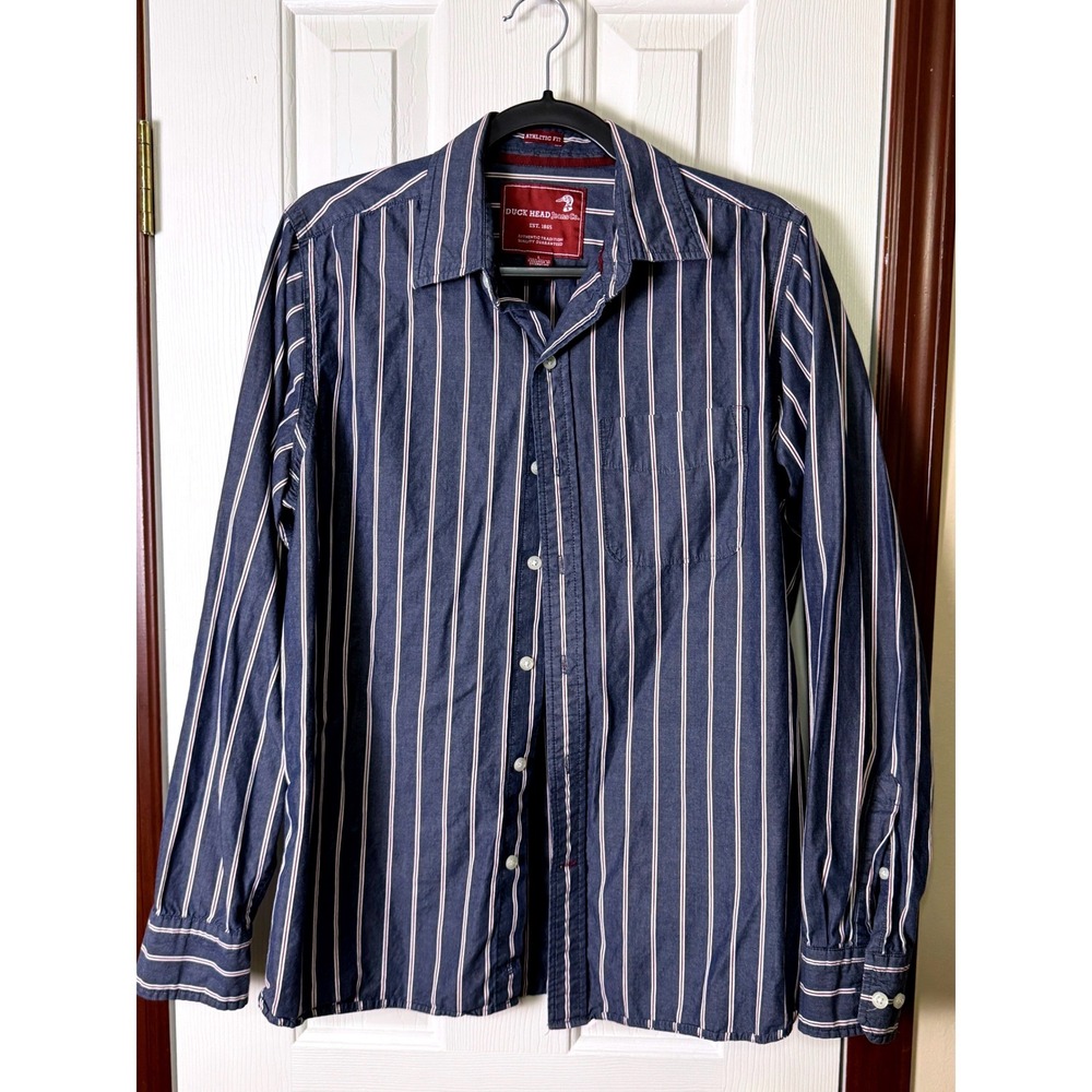 Duck Head Jeans Co Mens Large Athletic Fit Stripe Button Down Shirt Navy Blue L